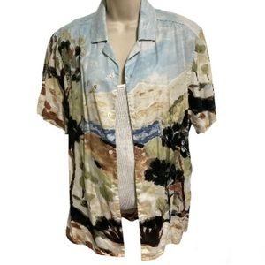 DESERT SCAPE Art Watercolor Print Resort Beach button Down Shirt Mens Small